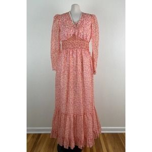 Vintage Candi Jones 1970s Gunne Sax Prairie Dress Rouche Lace Pink Yellow